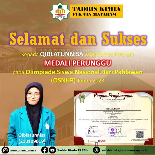 Mahasiswa Tadris Kimia FTK UIN Mataram Raih Medali Perunggu di Olimpiade Siswa Nasional Hari Pahlawan 2023